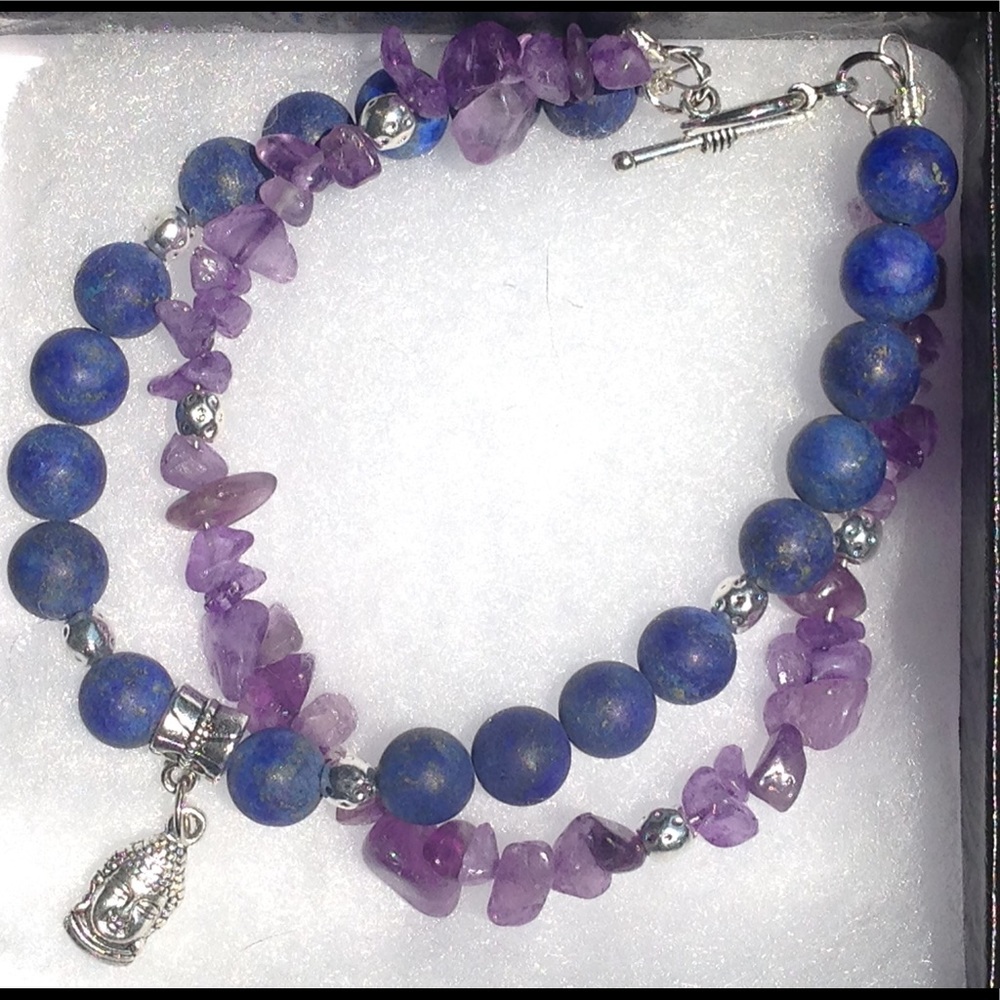 Lapis Lazuli Amethyst Sterling Buddha Bracelet - Picture 2 of 8